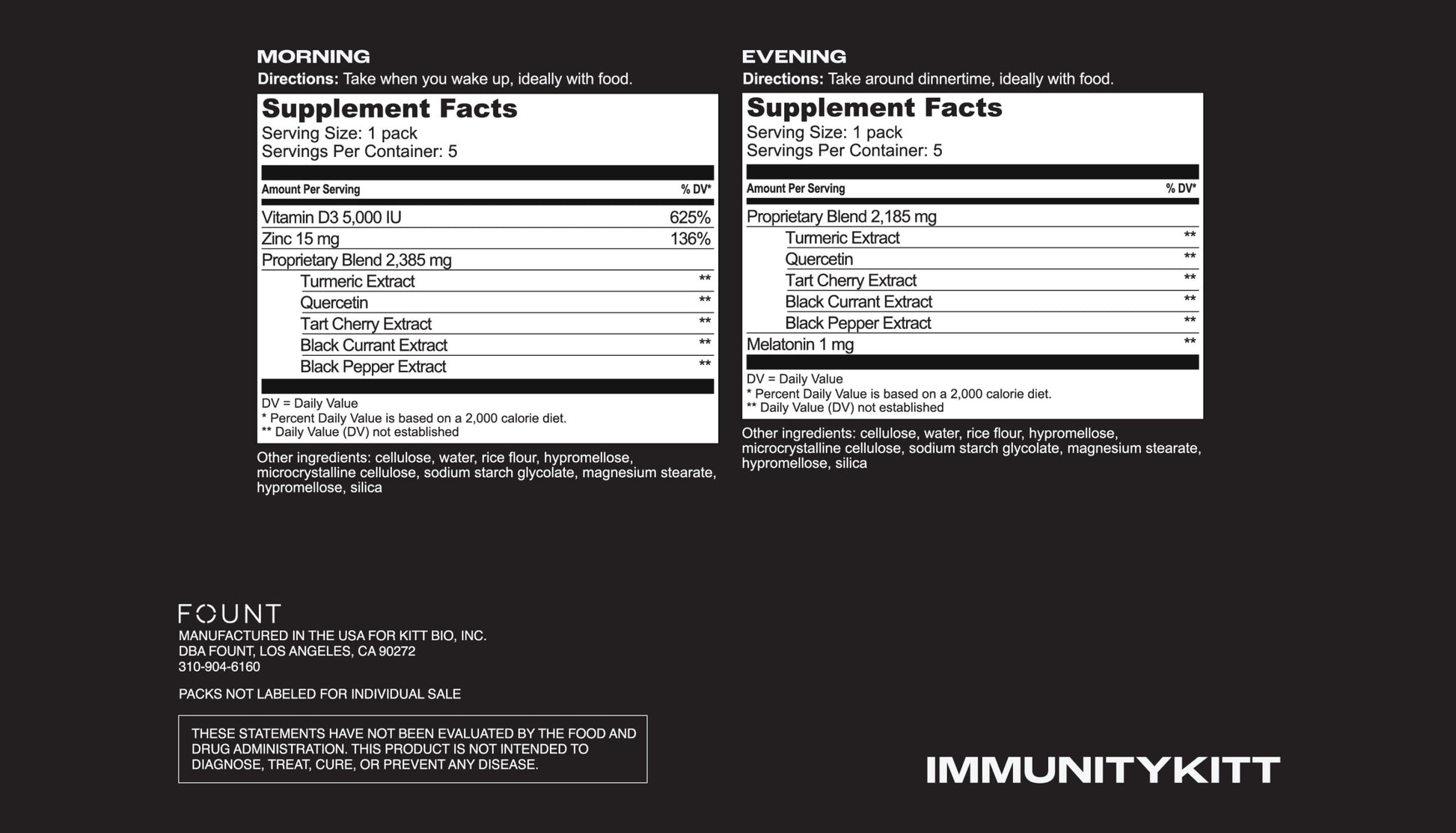 A supplement facts label shows morning and evening formulations for energy, mood, and immune support. Morning ingredients: Vitamin D, Elderberry, Zinc. Evening ingredients: Turmeric, Tart Cherry, Black Pepper Extract. IMMUNITYKITT by KITTS is featured at the bottom.