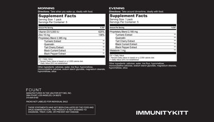 A supplement facts label shows morning and evening formulations for energy, mood, and immune support. Morning ingredients: Vitamin D, Elderberry, Zinc. Evening ingredients: Turmeric, Tart Cherry, Black Pepper Extract. IMMUNITYKITT by KITTS is featured at the bottom.